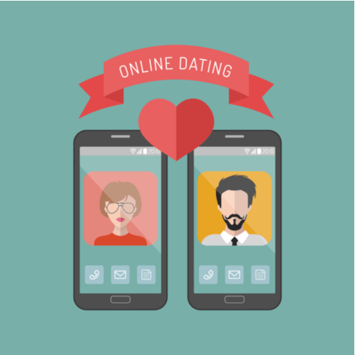 Two phones with heart between for online dating