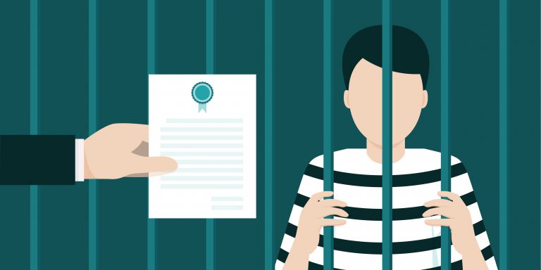 A man is handing a document to a woman in a jail cell.