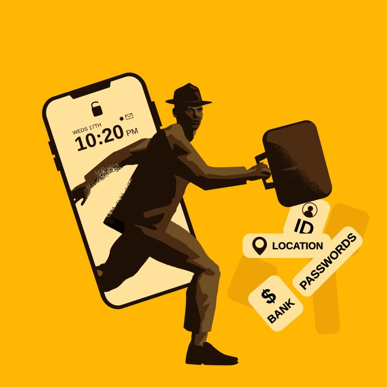 An illustration of a man carrying a suitcase and a phone.