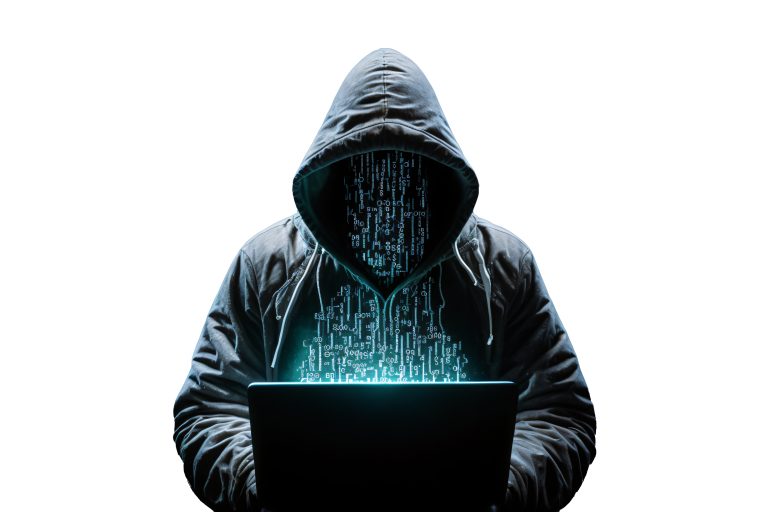 A man in a hoodie holding a laptop.