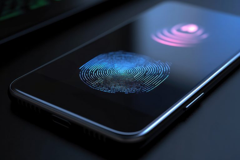 A smartphone featuring a fingerprint scanner for enhanced security.