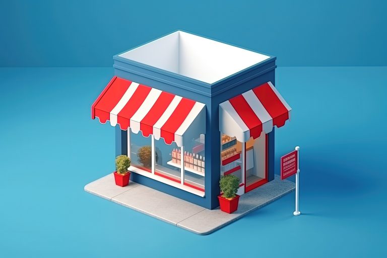 A 3d illustration of a small shop with an excellent online reputation on a blue background.